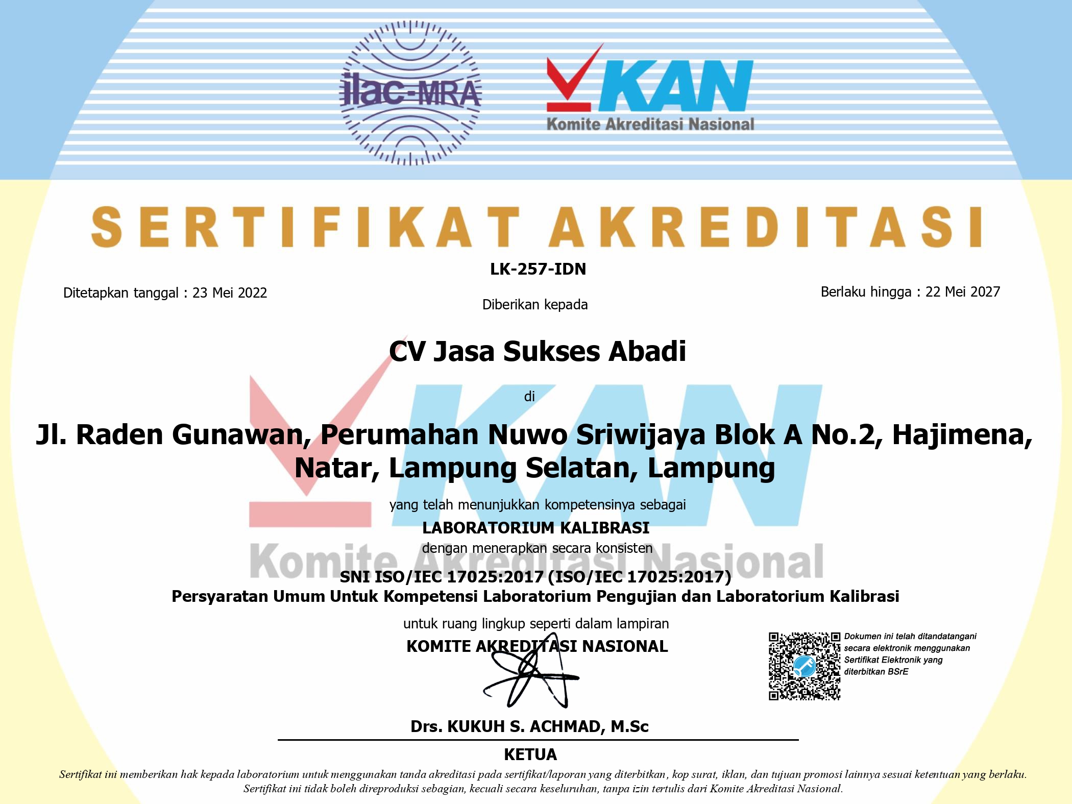 Sertifikat Akreditasi CV Jasa Sukses Abadi